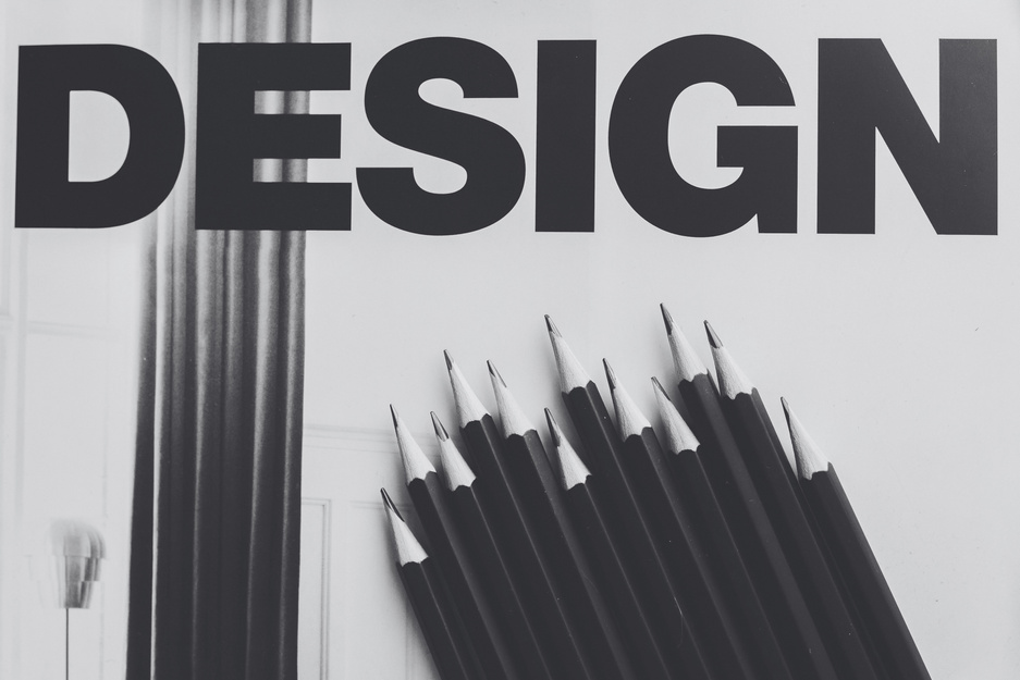 black and white design concept with pencils and the word design stock photo